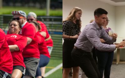 Two images side by side. 1 image of group of people playing tug of war. 1 image of office workers playing rubber band archery